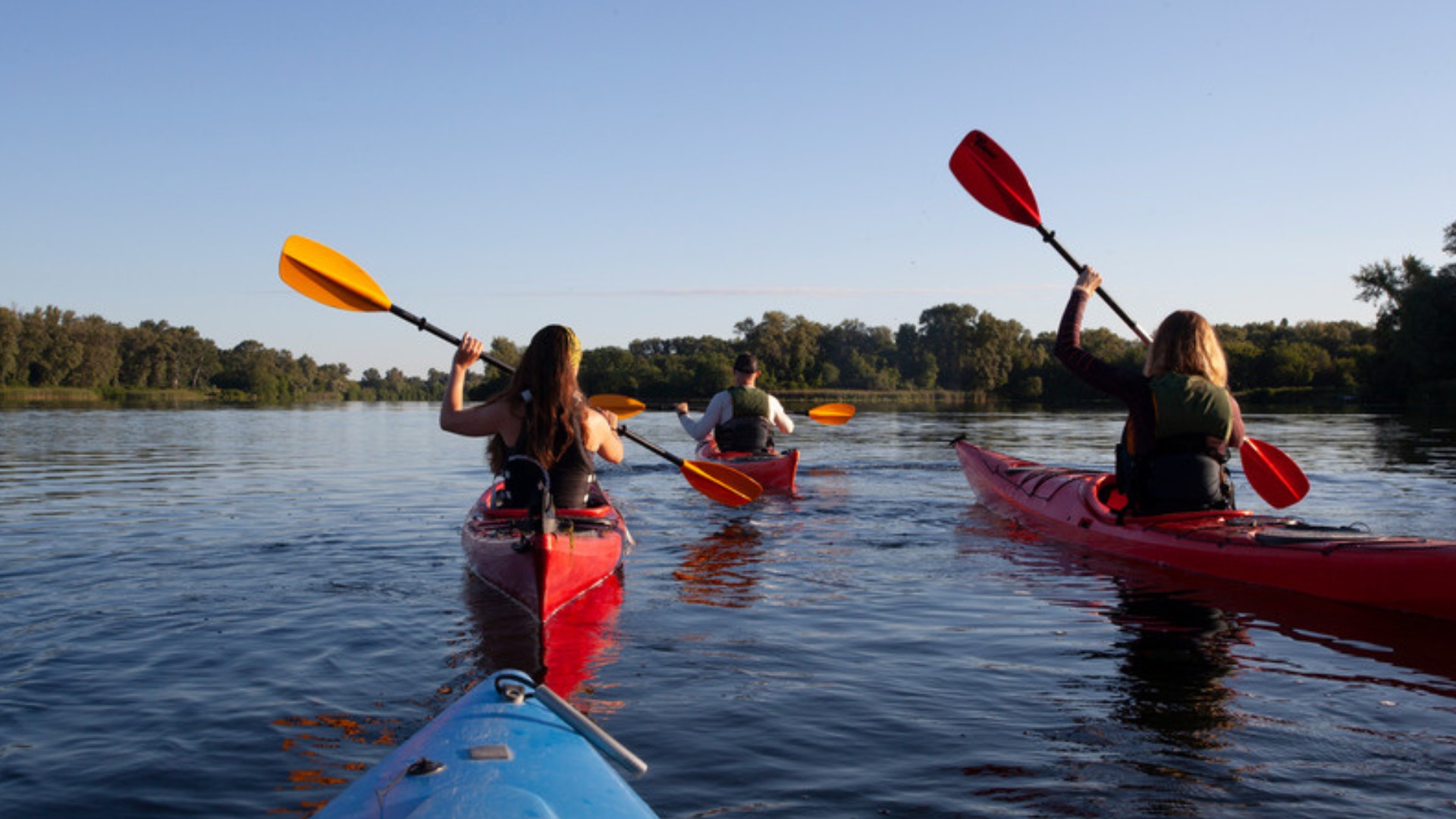Paddlers on golden-hour water